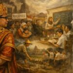 A mural-like scene with a richly dressed king on the left, a grayscale royal figure on the right, a classroom discussion in the center, and villagers below with a 'Reformasi' banner in the background.