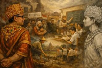 A mural-like scene with a richly dressed king on the left, a grayscale royal figure on the right, a classroom discussion in the center, and villagers below with a 'Reformasi' banner in the background.