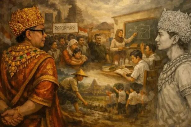 A mural-like scene with a richly dressed king on the left, a grayscale royal figure on the right, a classroom discussion in the center, and villagers below with a 'Reformasi' banner in the background.