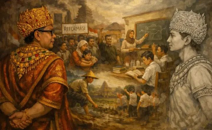 A mural-like scene with a richly dressed king on the left, a grayscale royal figure on the right, a classroom discussion in the center, and villagers below with a 'Reformasi' banner in the background.