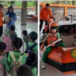 A safety demonstration for young children: left shows kids gathered around two instructors in orange uniforms; right shows kids wearing helmets seated in an orange inflatable raft with an instructor.