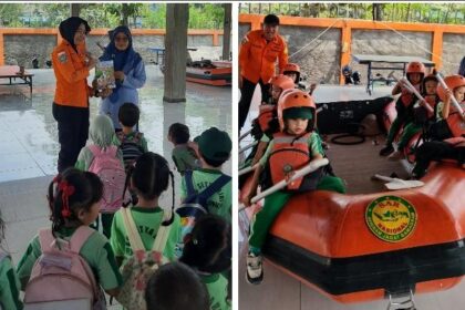 A safety demonstration for young children: left shows kids gathered around two instructors in orange uniforms; right shows kids wearing helmets seated in an orange inflatable raft with an instructor.