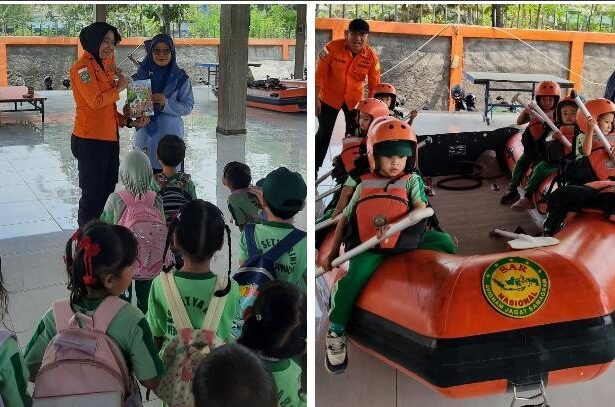 A safety demonstration for young children: left shows kids gathered around two instructors in orange uniforms; right shows kids wearing helmets seated in an orange inflatable raft with an instructor.
