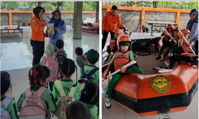 A safety demonstration for young children: left shows kids gathered around two instructors in orange uniforms; right shows kids wearing helmets seated in an orange inflatable raft with an instructor.