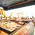 Large mammoth skeleton on a raised platform in a museum, with visitors gathered to view it.