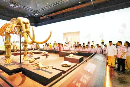 Large mammoth skeleton on a raised platform in a museum, with visitors gathered to view it.