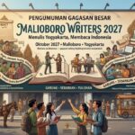 Illustrated poster for Maliboro Writers 2027 in Yogyakarta, with people reading and writing around a large open book and banners promoting the event.