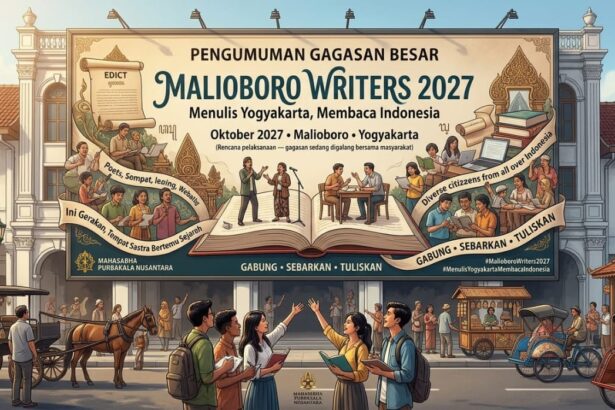 Illustrated poster for Maliboro Writers 2027 in Yogyakarta, with people reading and writing around a large open book and banners promoting the event.