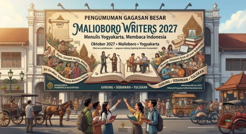 Illustrated poster for Maliboro Writers 2027 in Yogyakarta, with people reading and writing around a large open book and banners promoting the event.