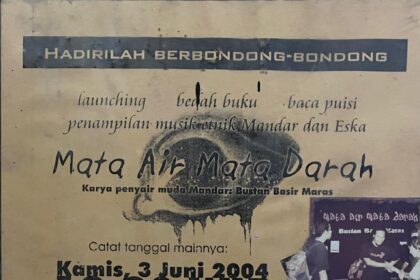 Poster promoting a literary event in Yogyakarta: 'Mata Air Mata Darah', with date Thursday, 3 June 2004, 19:30 WIB, at Auditorium IAIN Sunan Kalijaga; lists speakers and sponsors beneath.