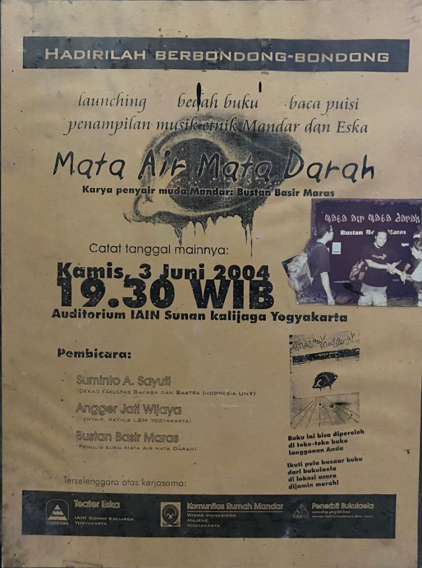 Poster promoting a literary event in Yogyakarta: 'Mata Air Mata Darah', with date Thursday, 3 June 2004, 19:30 WIB, at Auditorium IAIN Sunan Kalijaga; lists speakers and sponsors beneath.