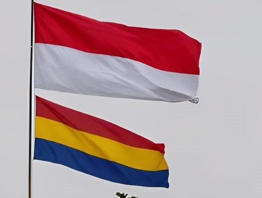 Two flags fluttering in the wind: the red-over-white Indonesian flag above a horizontal red-yellow-blue tricolor flag beneath it, against a pale sky.