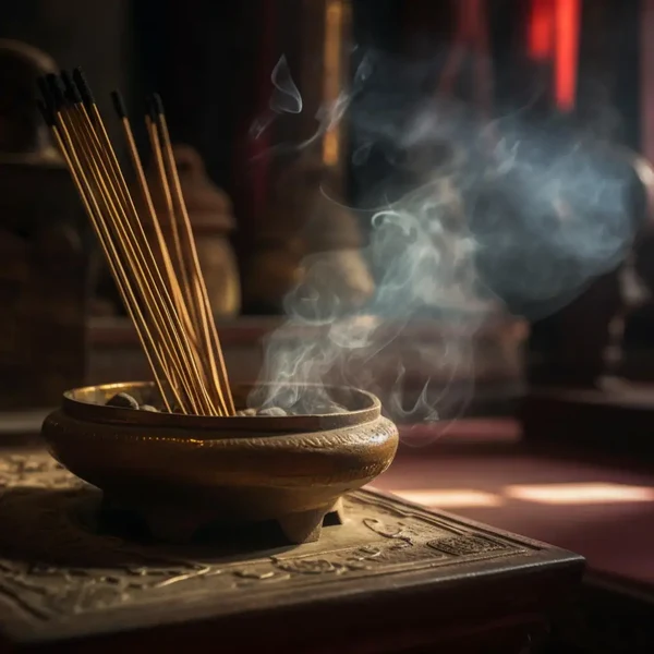 Incense sticks stand in a round wooden burner with wisps of smoke rising in a dimly lit room, creating a calm atmosphere.