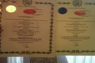 Two diplomas with green laurel borders are being held up by hands on each side, left featuring a gold seal and right a blue seal.