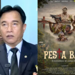 Left side shows a man in a dark suit and tie speaking at a press event, with a blue backdrop behind him. Right side is a documentary poster featuring indigenous figures and a jungle scene, with the subtitle about colonialism.