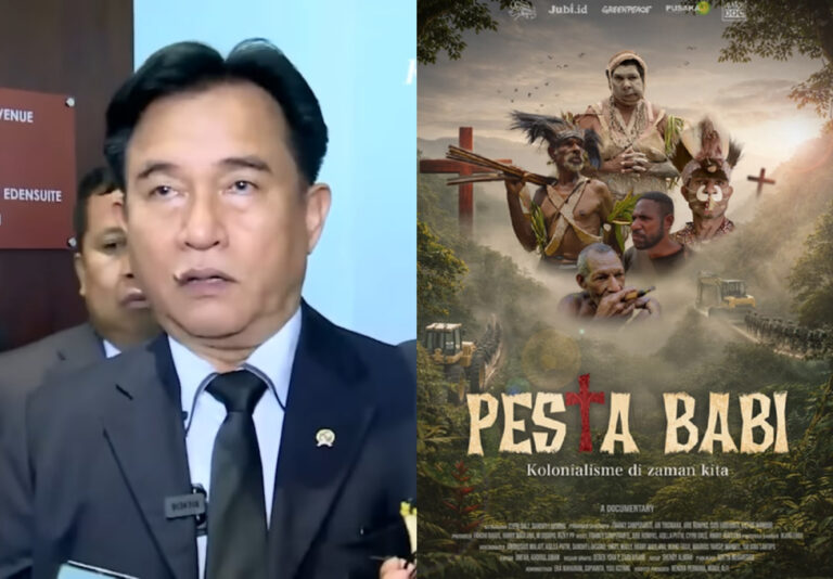 Left side shows a man in a dark suit and tie speaking at a press event, with a blue backdrop behind him. Right side is a documentary poster featuring indigenous figures and a jungle scene, with the subtitle about colonialism.