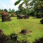 Open grassy yard with large weathered stone blocks arranged in irregular piles, tropical plants in the background.