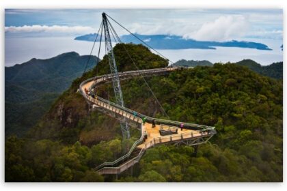 Suspension skywalk extending over a forested canyon with distant blue sea.