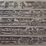 Five horizontal Burmese illustrated panels showing people, trees, and landscapes with Burmese script on the left margin.