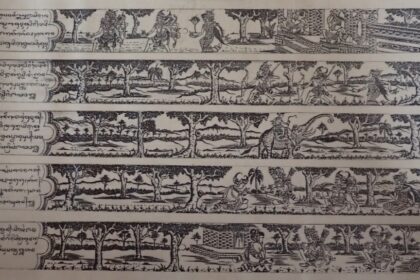 Five horizontal Burmese illustrated panels showing people, trees, and landscapes with Burmese script on the left margin.