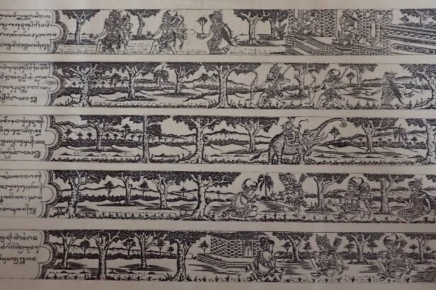 Five horizontal Burmese illustrated panels showing people, trees, and landscapes with Burmese script on the left margin.