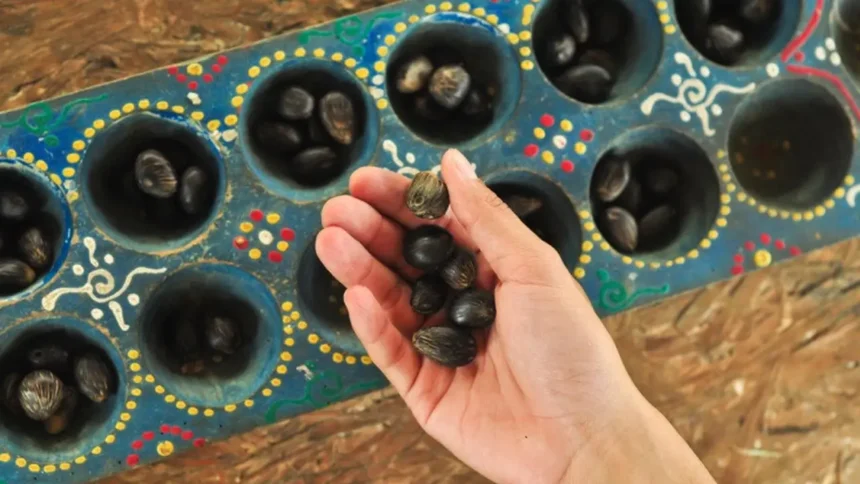 Hand holding a few dark seeds above a painted seed tray with many more seeds in the holes.