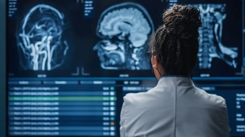 Medical professional in a white coat analyzes MRI brain scans projected on multiple screens.