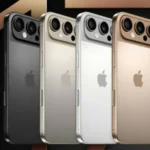 Row of four iPhones with triple-camera backs in black, silver, gold, and rose gold colors, logo visible on each device.