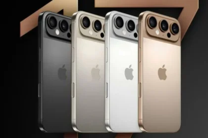 Row of four iPhones with triple-camera backs in black, silver, gold, and rose gold colors, logo visible on each device.