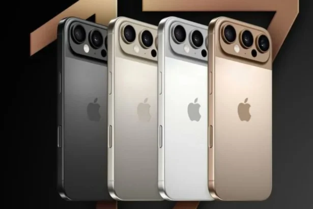 Row of four iPhones with triple-camera backs in black, silver, gold, and rose gold colors, logo visible on each device.