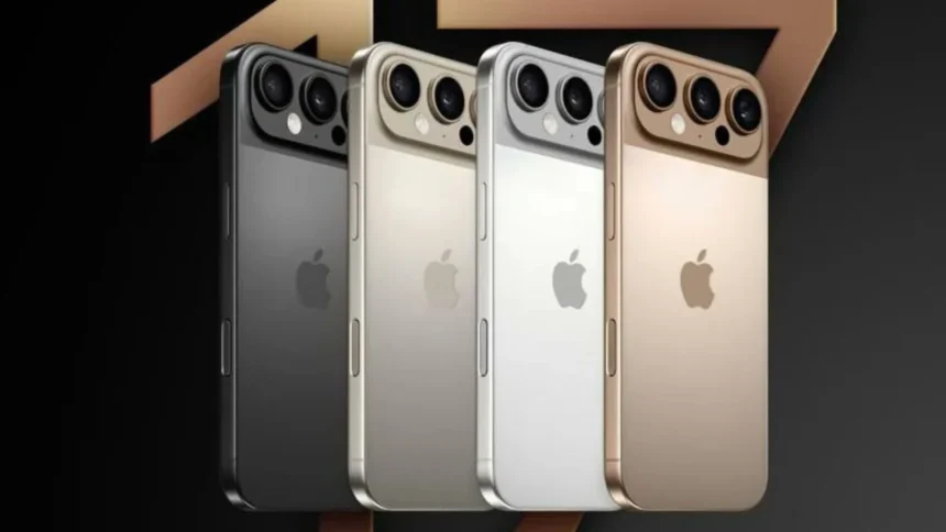 aqzAZA - Mabur.co Row of four iPhones with triple-camera backs in black, silver, gold, and rose gold colors, logo visible on each device.