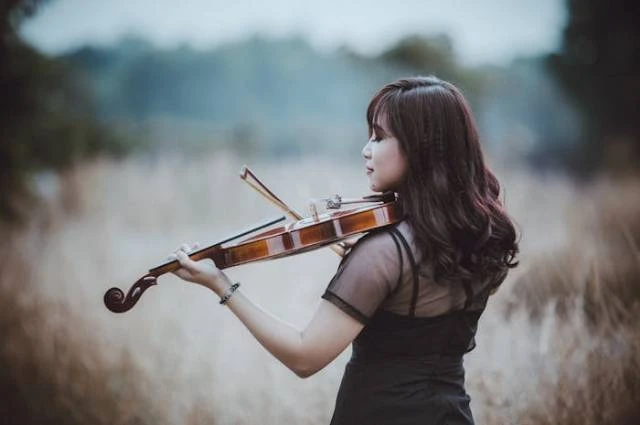 Woman playing a violin in an open field, wearing a black dress, with a soft, blurred background.