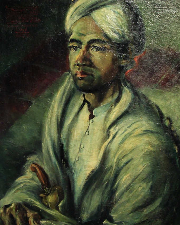 artwork-1423820566 - Mabur.co Portrait of a man wearing a white turban and robe, holding a curved dagger, gazing softly ahead.