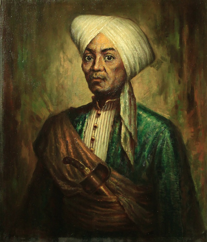 artwork-1423820766 - Mabur.co Portrait of an Indian man in a white turban, green jacket, and brown sash with a curved dagger, facing slightly left.
