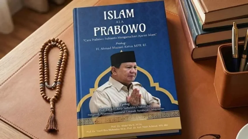Blue book cover titled 'Islam ALA Prabowo' on a wooden desk, with a photo of a man in a tan uniform and a black cap, plus a wooden prayer bead lei beside it.