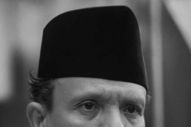 Portrait of a man with a curled white mustache, wearing a black fez and a white traditional shirt, looking to the side
