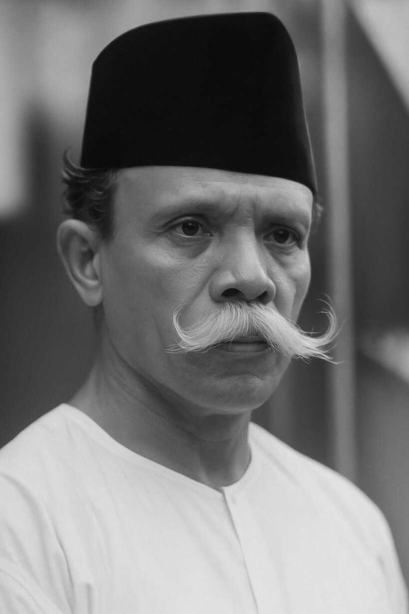 Portrait of a man with a curled white mustache, wearing a black fez and a white traditional shirt, looking to the side