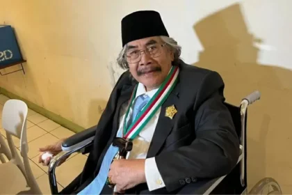 Elderly man in a wheelchair wearing a suit, tie, black hat, and a green‑white‑red ceremonial sash with a gold badge, smiling at the camera.