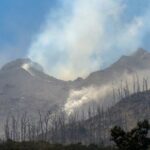 Volcano erupting with white smoke plumes, charred forest on the slope and a blue sky above.