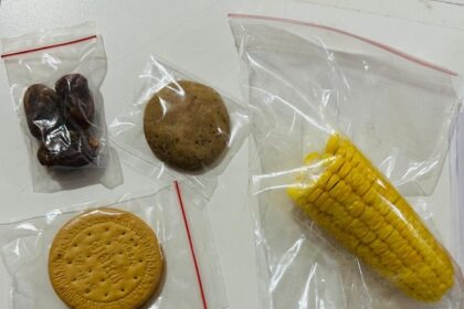 Assorted snacks in plastic bags: dates, a round cookie, a sandwich biscuit, and a corn cob.