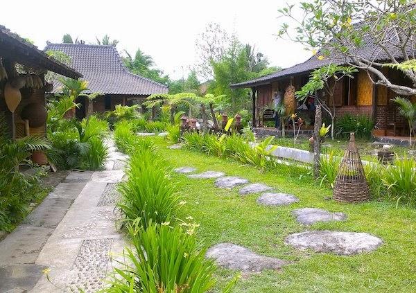 az - Mabur.co Tropical garden path with stepping stones, green lawn, and wooden cottages on either side.