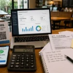 Laptop shows a financial dashboard with charts; a calculator, smartphone with a QRIS payment screen, and tax documents on a wooden desk.