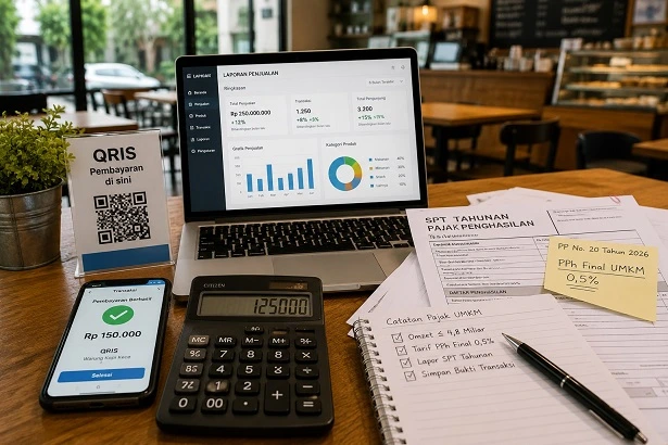 Laptop shows a financial dashboard with charts; a calculator, smartphone with a QRIS payment screen, and tax documents on a wooden desk.