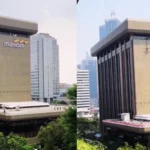 Split-image of a tall brown Bank Mandiri building with a distinctive overhanging top, in an urban cityscape with other skyscrapers and greenery in the foreground.