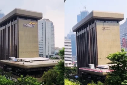 Split-image of a tall brown Bank Mandiri building with a distinctive overhanging top, in an urban cityscape with other skyscrapers and greenery in the foreground.