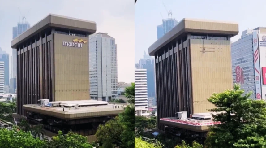 Split-image of a tall brown Bank Mandiri building with a distinctive overhanging top, in an urban cityscape with other skyscrapers and greenery in the foreground.