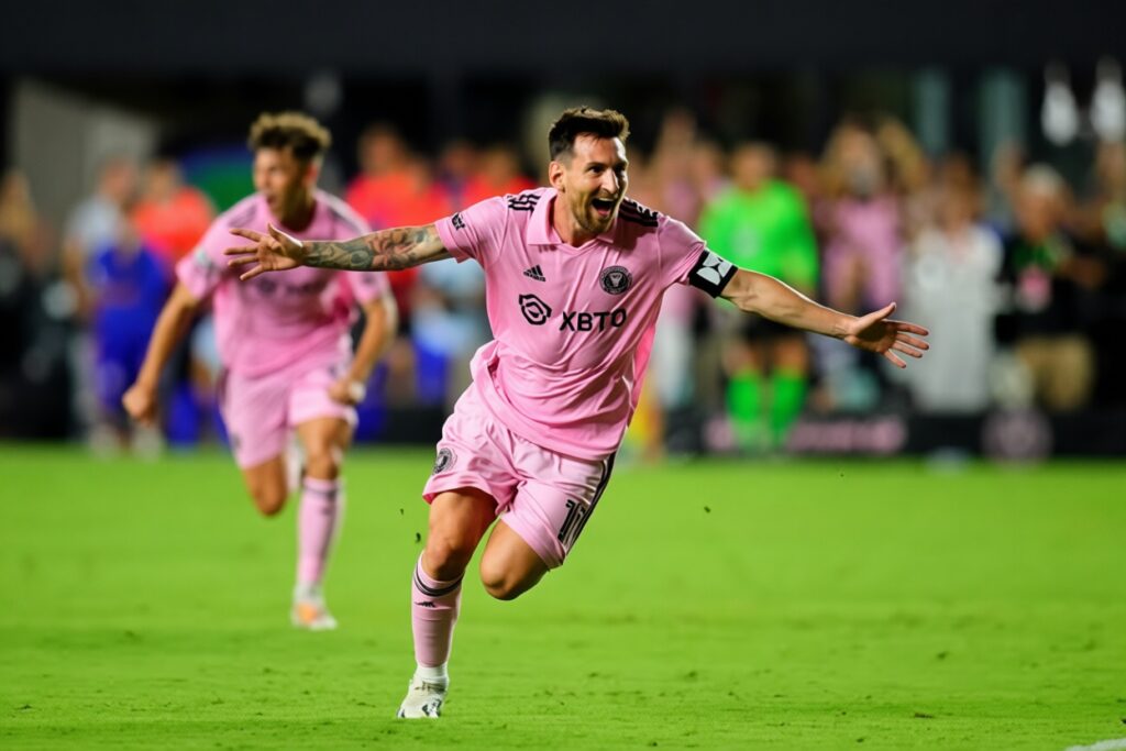 Soccer player in a pink kit celebrating with arms outstretched on a green field, fans blurred in the background.