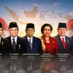 Group portrait of Indonesian presidents in formal attire, from Sukarno to Prabowo Subianto, with names and term years listed below each figure.