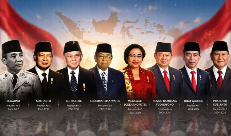 Group portrait of Indonesian presidents in formal attire, from Sukarno to Prabowo Subianto, with names and term years listed below each figure.