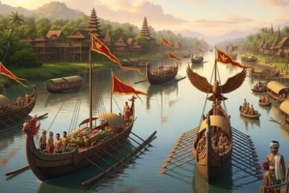 Colorful river scene with longboats and pagoda-style buildings along a tropical riverbank, with people aboard and flags waving.